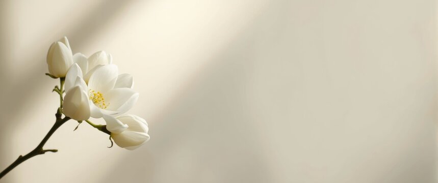 White mogra flower buds placed on a gentle shadowed backdrop with copy space