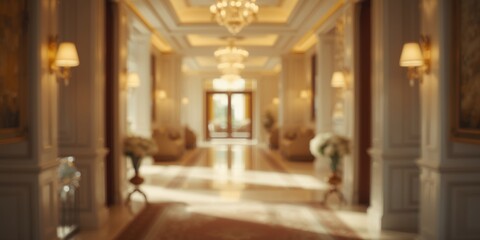 Obraz premium Luxurious hotel corridor with chandeliers and floral arrangements