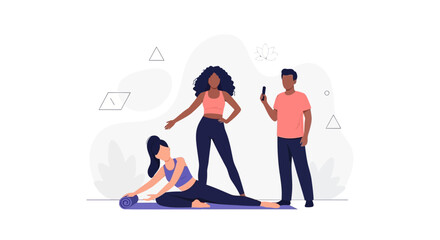 Fototapeta premium Diverse Group Practicing Yoga and Fitness, with one person observing via phone