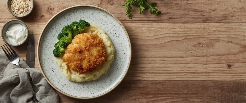 Tasty breaded pork cutlet paired with whipped mashed potatoes and green vegetable sides aerial view