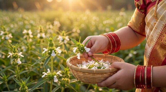 Hands of a Little girl collecting fresh white Thumba flowers in a woven basket for the Onam festival in Kerala, India.