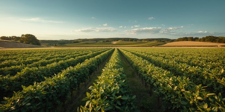 Wide aerial view displaying rich blueberry bushes across cultivated land