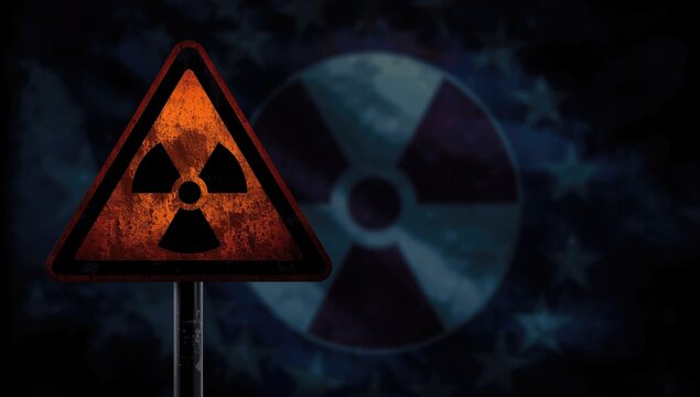Warning sign of nuclear detonation danger with mushroom cloud atop flag design