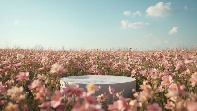 Spring flower field backdrop with a simple natural beauty platform and copy space