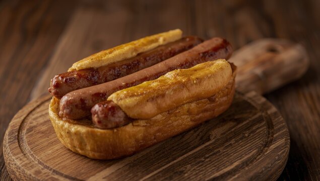 Hot dog with three sausages in a toasted bun