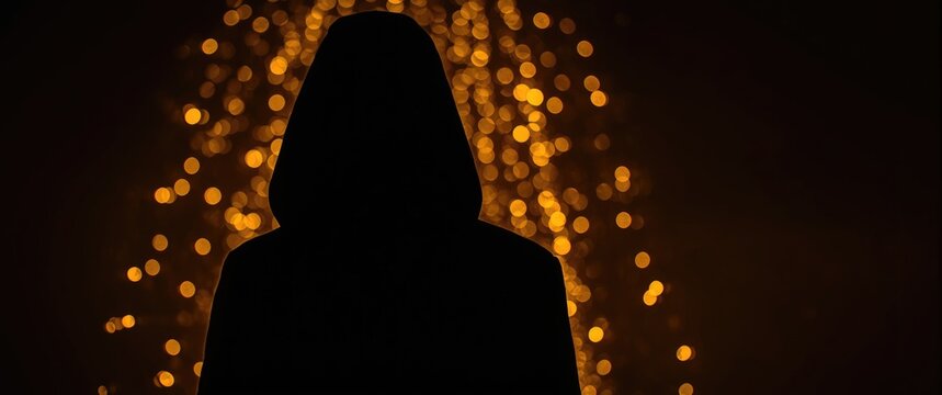 Silhouette of a person in a hooded jacket against festive lights