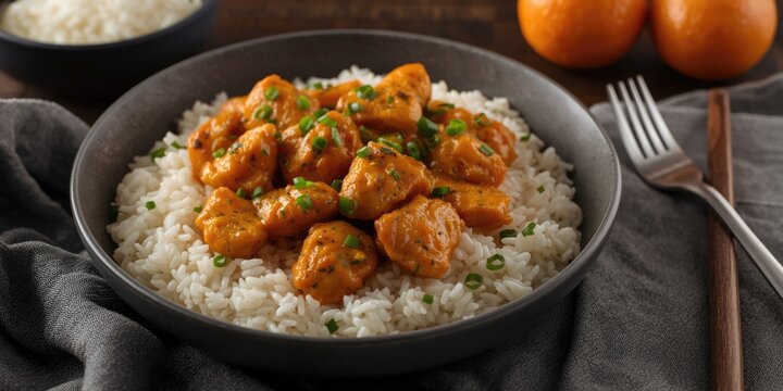 Homemade orange chicken meal complemented by fiber enhanced rice