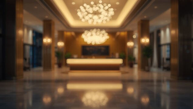 Modern hotel reception area with glowing bokeh effect perfect for background design