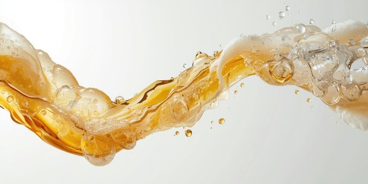 Golden liquid splash with bubbles on a light background