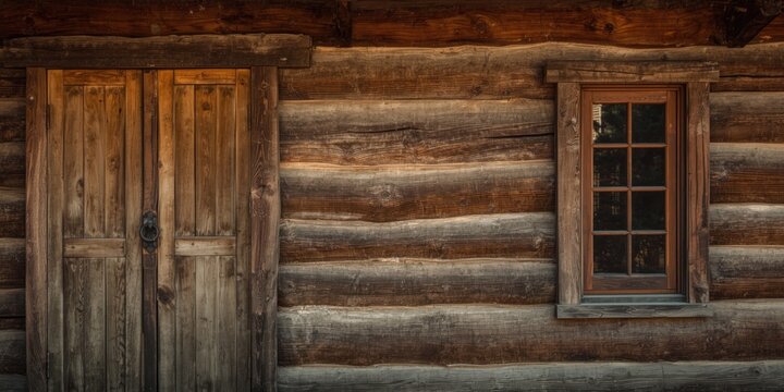 Wooden log cabin wall with door and window