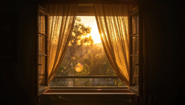 Open window scene showing sunlit morning and curtains in motion