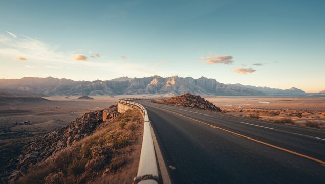 Winding road through mountainous desert landscape