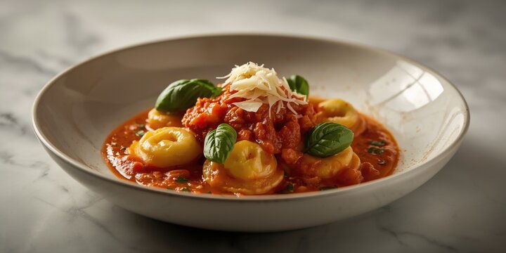 Tomato sauce coated tortellini filled with herb ricotta spinach mix garnished with fresh basil and cheese on sleek marble surface with copy space