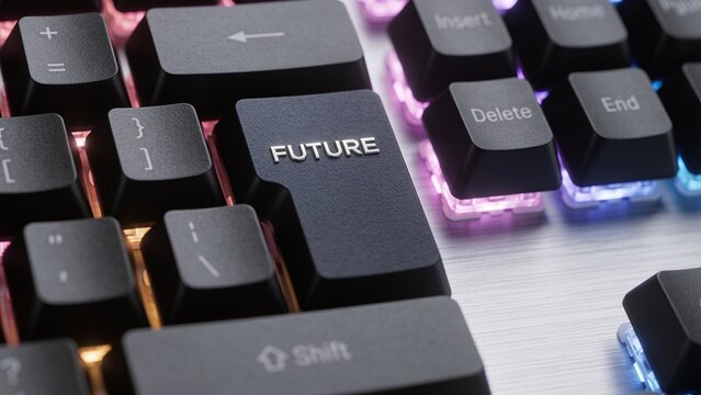 Close-up of a custom-made premium keyboard with a key labeled "FUTURE"