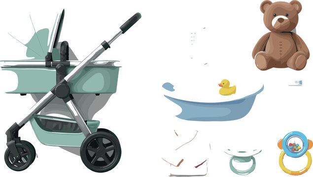 Baby Care Products Vector Element Set Featuring Modern Green Stroller Bassinet Teddy Bear Bathtub Yellow Rubber Duck Pacifier and Rattle Toy for Nursery Layouts
