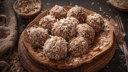 Fototapeta premium Rich rum balls dusted with shredded coconut arranged on wooden dish
