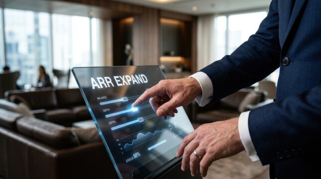 Businessman touching digital screen with annual recurring revenue expansion metrics, for corporate growth, financial success, strategic planning business scalability