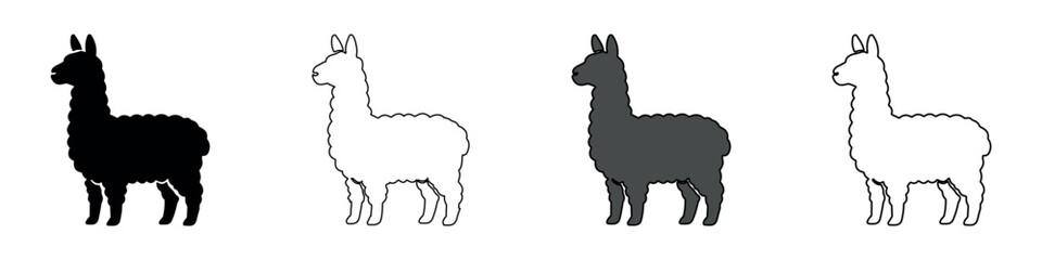 Collection of four llama icons in silhouette and outline styles © Ophelia