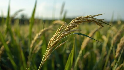 Fototapeta premium Rice grain ear growing in a field under sunlight