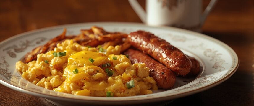 Scrambled tofu cheese and vegan sausages on an English breakfast plate