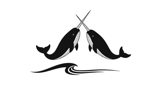 Two narwhals crossing tusks in ocean waves.