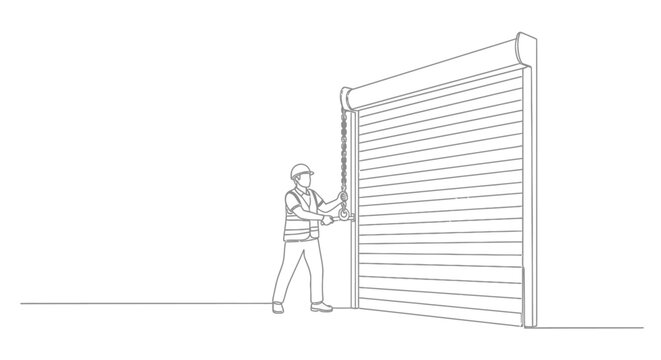 Worker operating large industrial garage door mechanism.