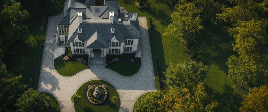 Aerial view of a large mansion surrounded by landscaped gardens