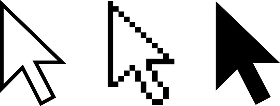 Three computer mouse cursor icons in different styles on white background, outline, pixel, and solid black, for web design and technology concepts with modern minimalist design