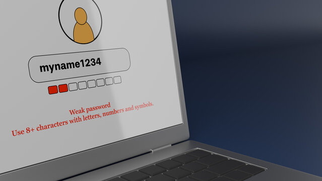 Weak password warning and low strength meter on a laptop screen, creating a strong password for account security