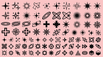Set of black star and sparkle graphic elements isolated on pink background with astronomy celestial minimalist decoration collection geometry abstract illustration ornament stylized © creative zone