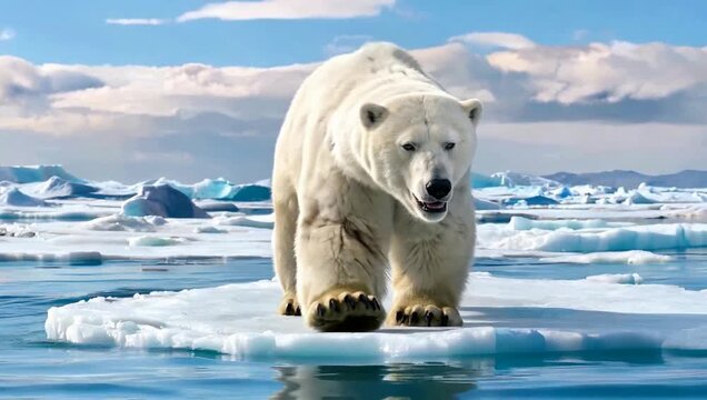Polar bear walks on melting ice floe in Arctic sea