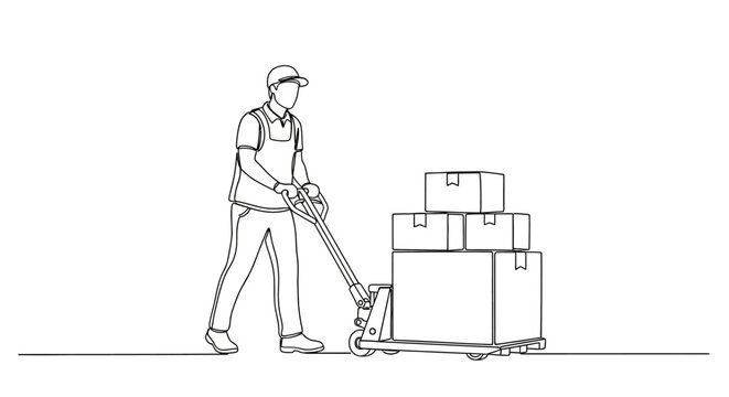 Worker moving stacked boxes with pallet jack in warehouse.