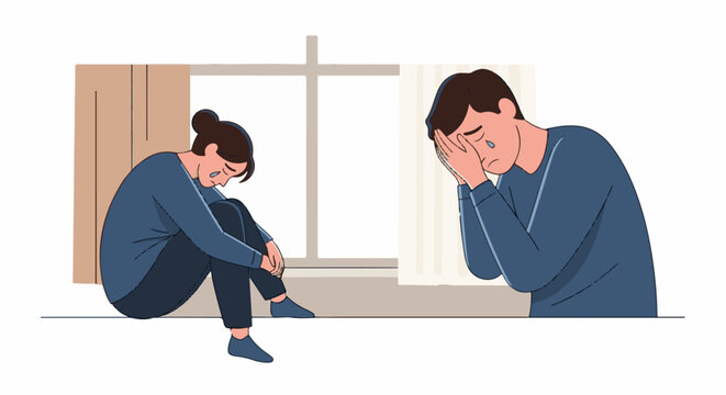 Two people crying by a window
