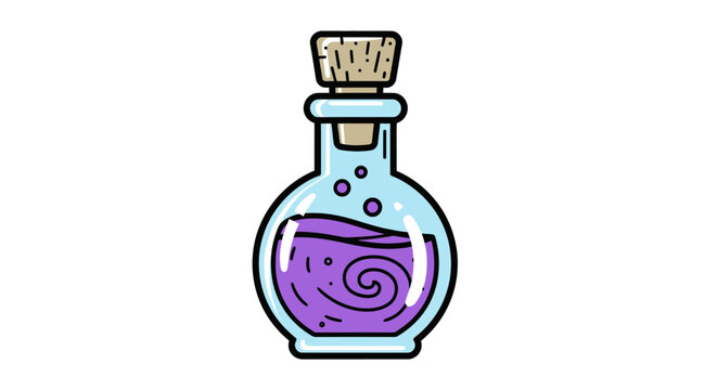 A cartoon illustration of a glass potion bottle with magical purple liquid inside.