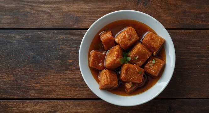 Traditional Indonesian tahu sumedang snack served with rich sauce on wooden table with copy space