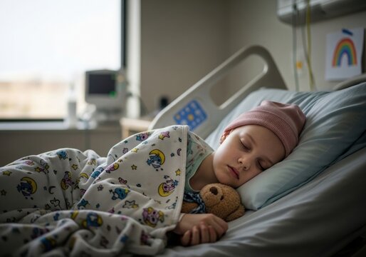 Young child sleeping in hospital during cancer treatment, peacefully in a pediatric hospital bed wearing a soft treatment cap, holding a teddy bear under a patterned blanket, medical monitor