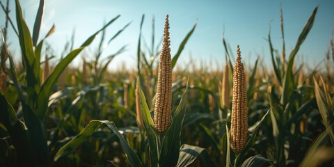 Fototapeta premium Maize field showcasing tall plants with kernels rich in starch for harvest
