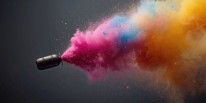 Motion halted scene showing grenade ejecting vivid colored powder