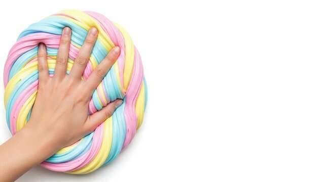 Hand pressing pastel slime with copy space, Top view of a human hand pressing large pastel rainbow slime on a white background with copy space, sensory toy, soft texture, minimal composition