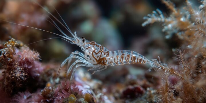 Wild ghost shrimps identified as Caprella skeleton shrimp in their aquatic surroundings