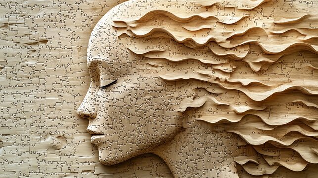 Wooden sculpture of a woman's face with flowing hair.