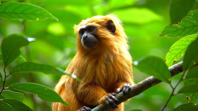 Golden, fluffy primate perches on a branch surrounded by lush green foliage