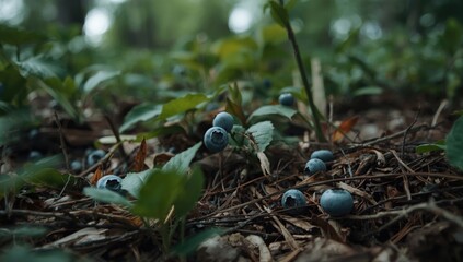 Naklejka premium Blueberries growing in a forest floor among green leaves