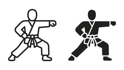 Karate pose: Two icons depict a karate practitioner in a dynamic defensive stance, showcasing martial arts discipline and strength. © Hasnani