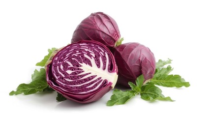 Fototapeta premium Red cabbage halves with fresh green leaves on a bright white backdrop