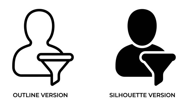 Filter Icon Set: A set of two icons representing filtering functionality, one in outline style and the other as a silhouette, ideal for user interface design and data management contexts.