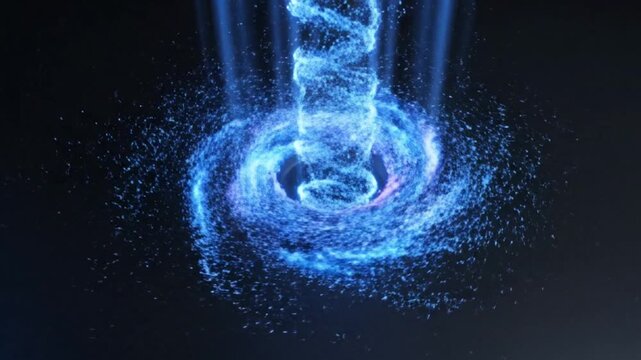 A mesmerizing blue particle vortex swirling downwards into a glowing cosmic spiral on a dark background, creating an abstract energy effect.