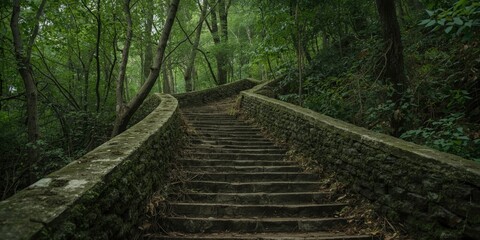 Fototapeta premium Stone steps leading through a dense forest pathway