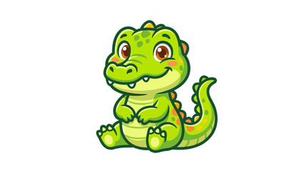 Fototapeta premium Cute Cartoon Green Dinosaur Sitting Down.
