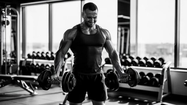Muscular man lifting dumbbells in gym workout for strength and fitness training